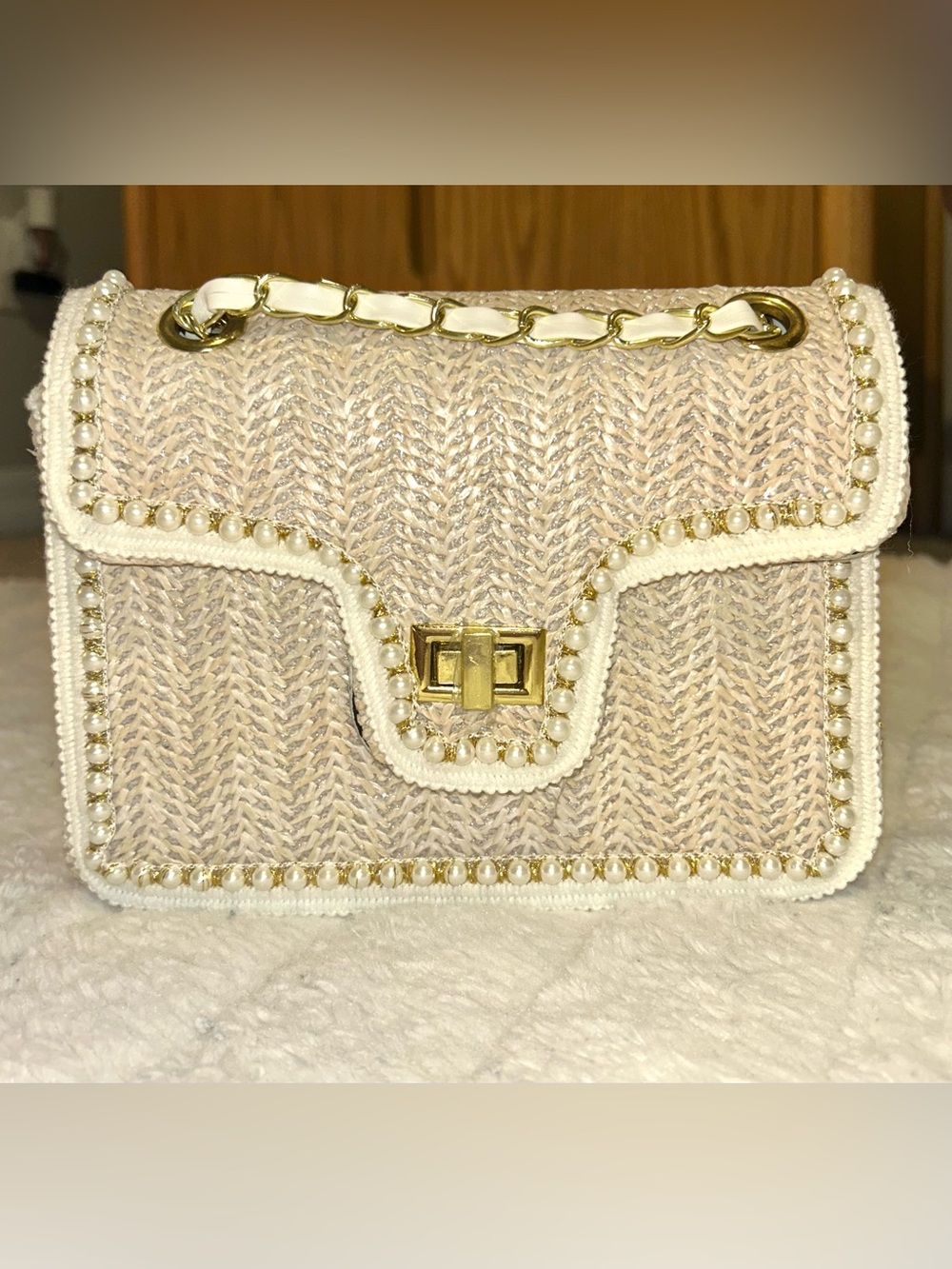 SHEIN Cream Pearl-Trim Woven Shoulder Bag